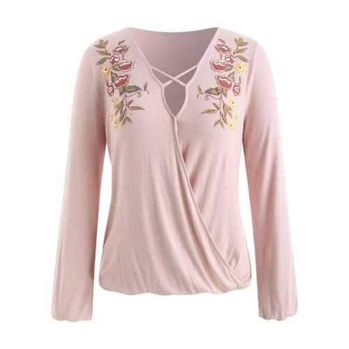 Criss-cross Floral Print Surplice T-shirt - Pink L