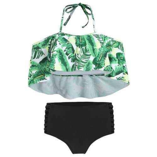 Tropical Print Ladder Cut Out Bikini Set - Clover Green M