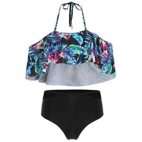 Tropical Print Halter Cut Out Bikini Set - Black Xl