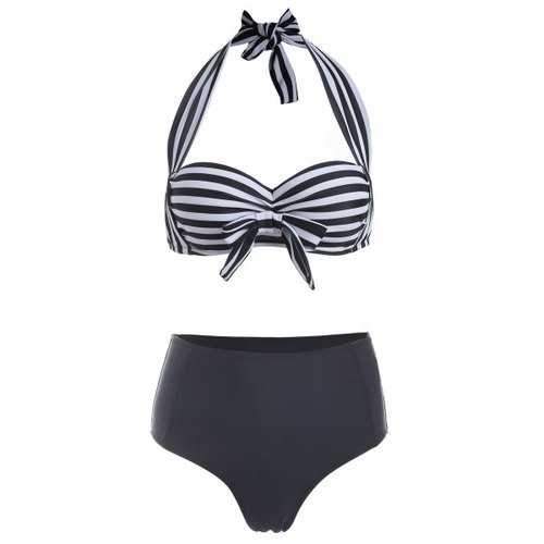 Halter Striped Bowknot Bikini Set - White Xl