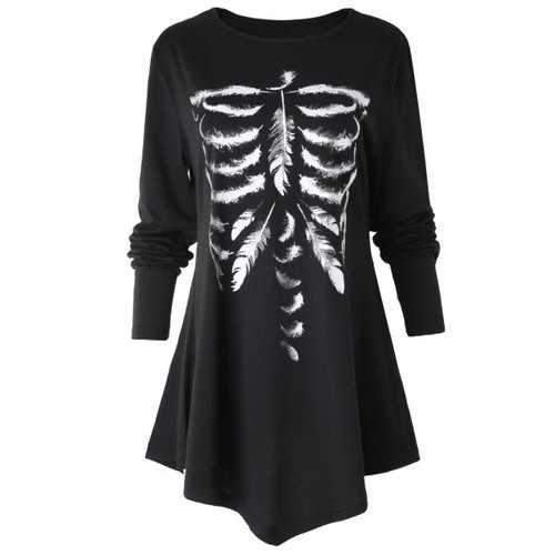 Asymmetrical Feather Skeleton Print T-shirt - Black S