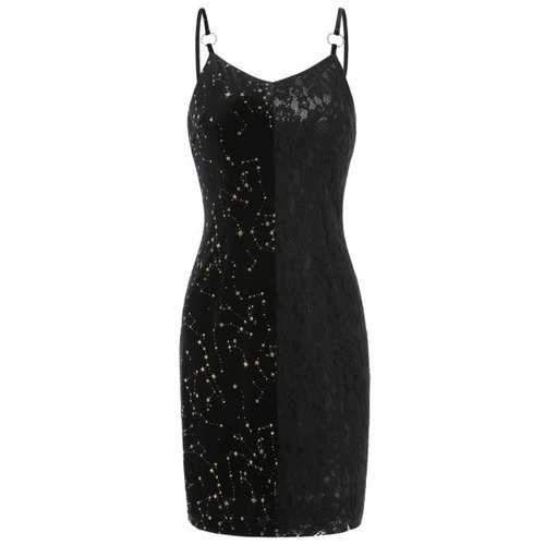 Velvet Star Lace Panel Cami Dress - Black M