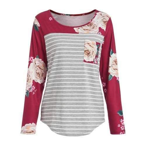 Floral Stripes Long Sleeve T-shirt - Red L