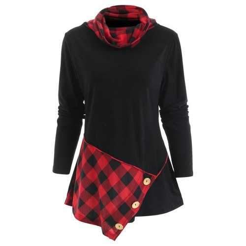 Long Sleeve Heap Collar Tartan Panel T-shirt - Black M