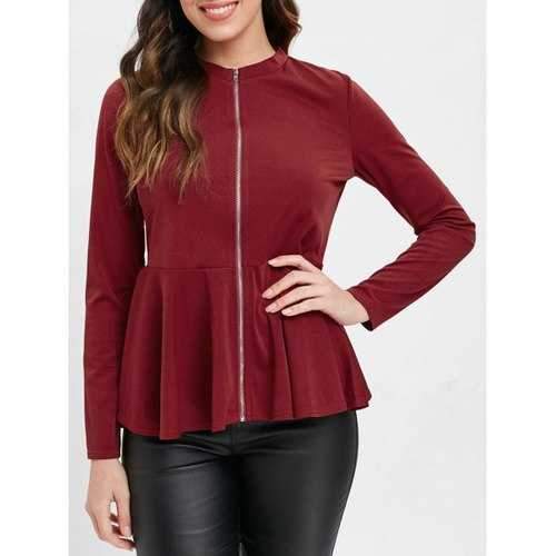 Zip Up Peplum Top - Red Wine L