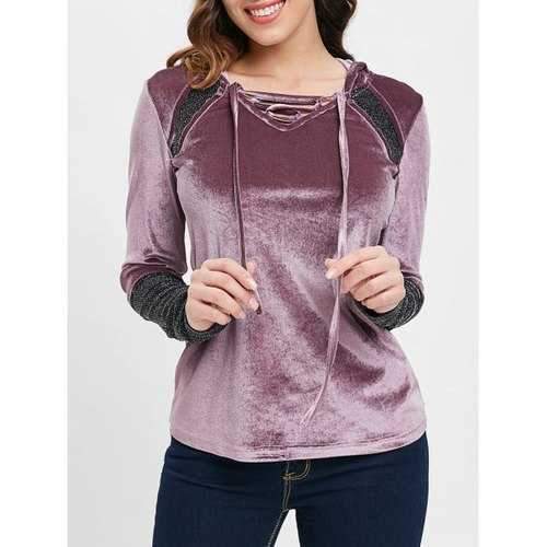 Lace Up Collar Velvet Hooded T-shirt - Viola Purple 2xl