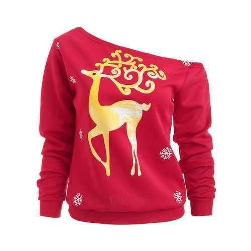 One Shoulder Deer Print T Shirt - Red M