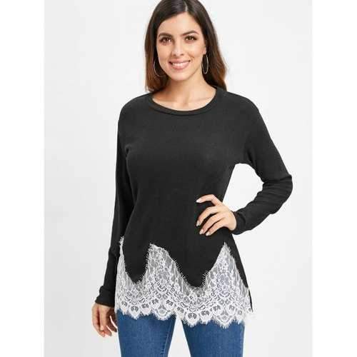 Lace Applique Long Sleeve Tunic Tee - Black Xl