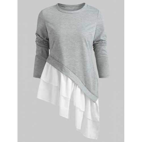 Flounced Hem Asymmetrical T Shirt - Gray S