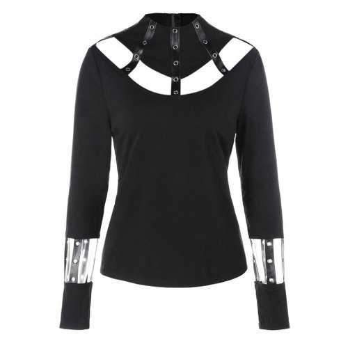 Long Sleeve Mesh Insert Grommet T-Shirt - Black M