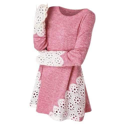 Lace Panel Long Sleeve Top - Watermelon Pink S