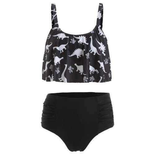 Dinosaur Print Ruched High Waist Bikini Set - Black M