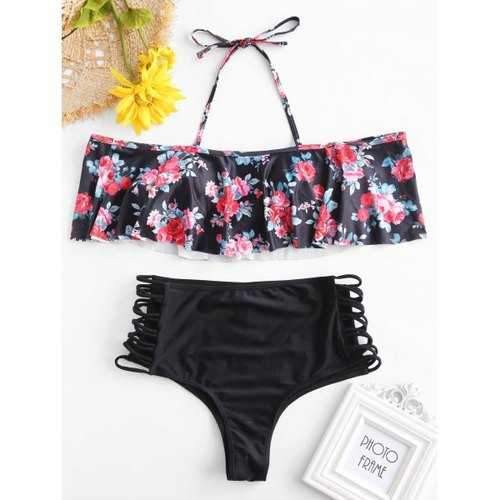 Floral Halter Cut Out Bikini Set - Black Xl