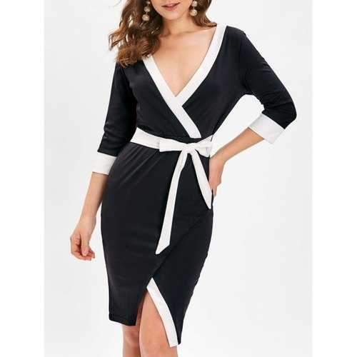 Two Tone Self Tie Wrap Dress - Black M