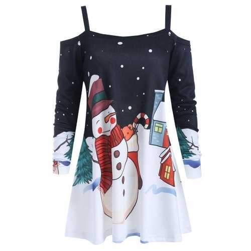 Cold Shoulder Christmas Snowman Print Blouse - Black S