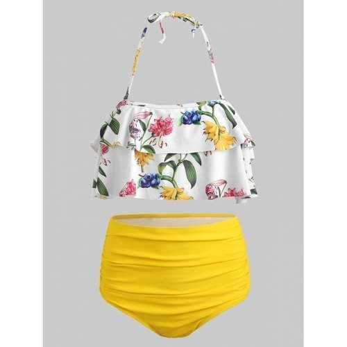 Floral High Waist Halter Bikini Set - Bright Yellow Xl