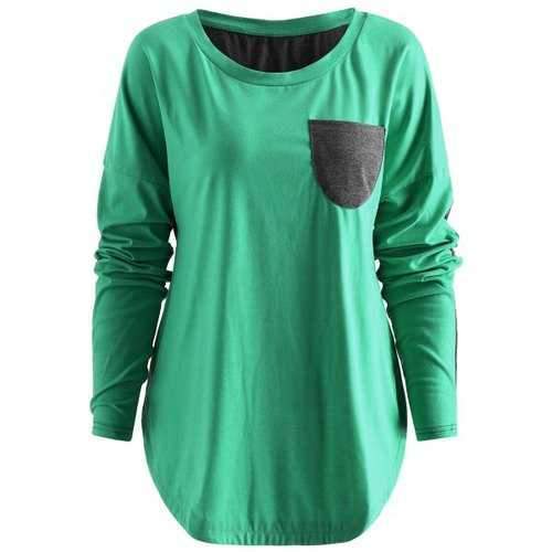 Contrast Pocket Curved T Shirt - Medium Turquoise S