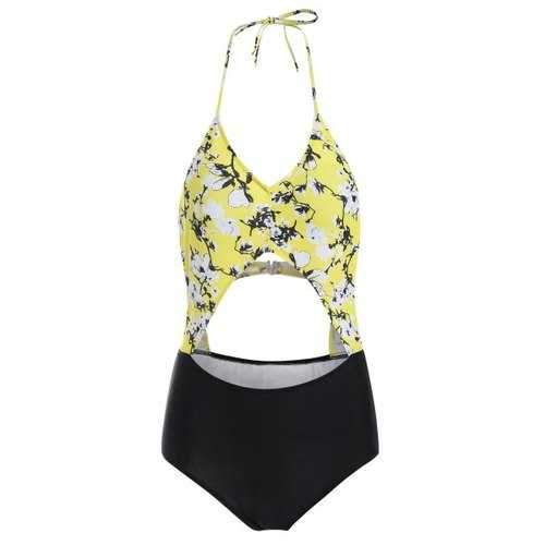 Halter Backless Cut Out Floral Print Swimwear - Yellow M