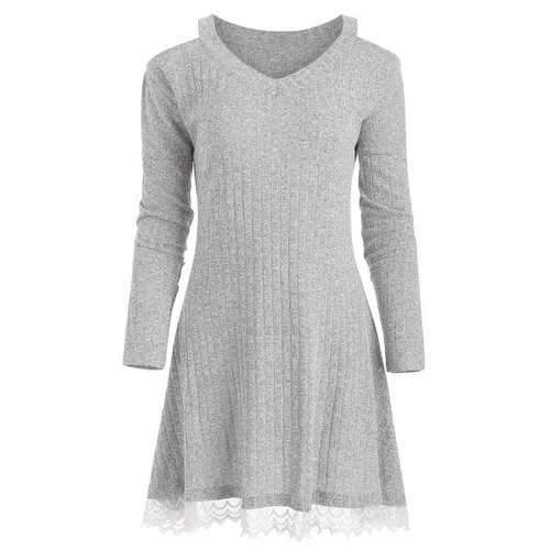 Knit Lace Panel Cold Shoulder Dress - Light Gray L