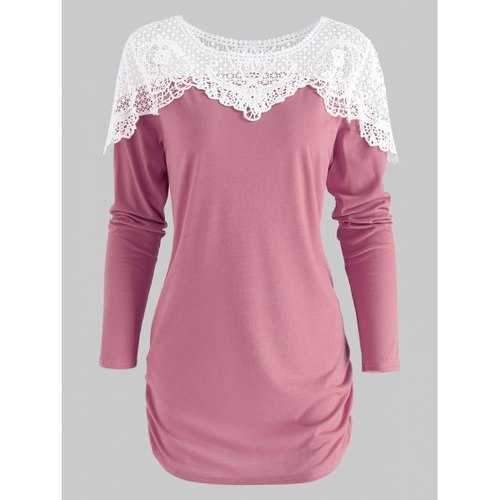 Sheer Lace Panel T Shirt - Lipstick Pink S