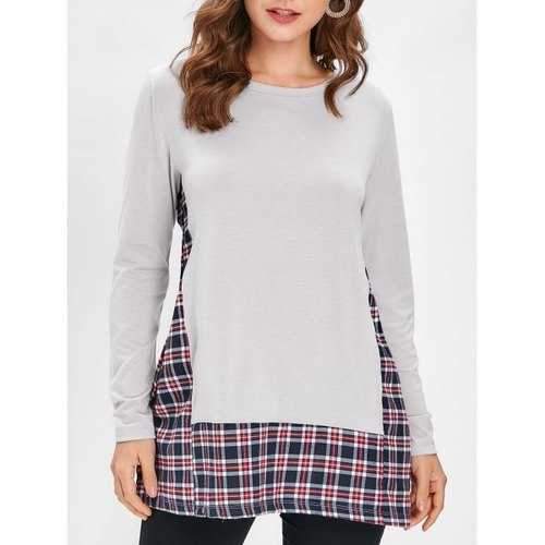 Checked Panel Long Sleeve Top - Gray M