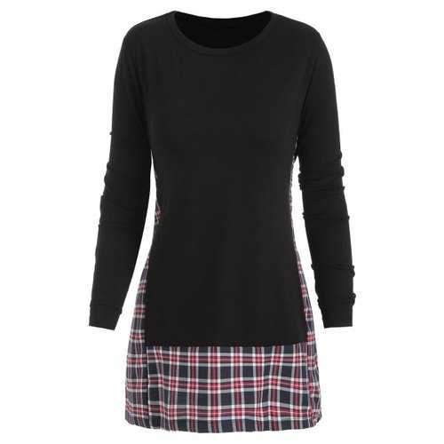 Checked Panel Long Sleeve Top - Black M