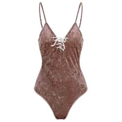 Lace Up Plunging Neck Velvet Swimsuit - Coffee L