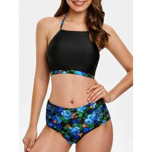 Halter Floral Print Ruched Bikini Set - Black Xl