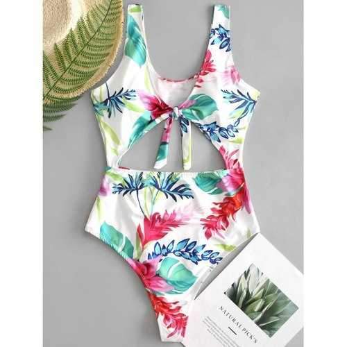 Palm Leave Knotted Cut Out Swimsuit - Xl
