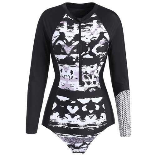 Long Sleeve Printed Half Zipper One-piece Swimwear - Black M