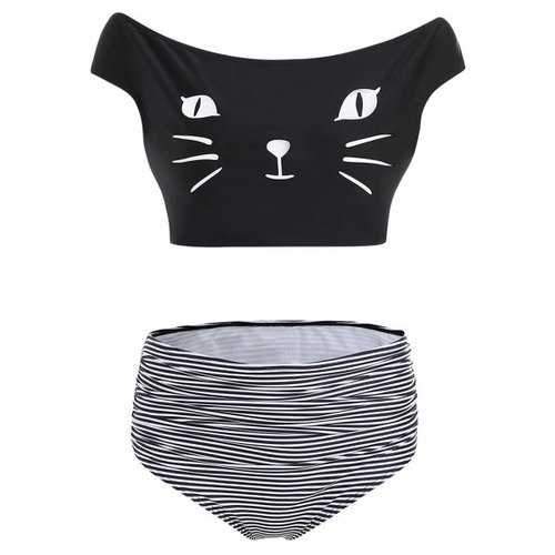 Cat Print Ruched Skew Neck Bikini Set - Black L