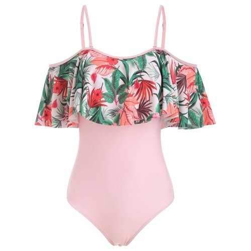 Flower Open Shoulder Flounce Swimsuit - Pink M