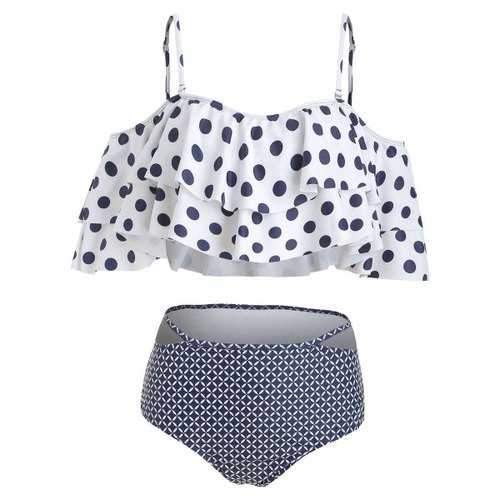 Polka Dot Cold Shoulder Flounce Bikini Set - White L