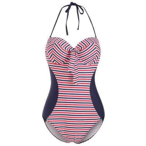 Striped Underwire Halter Knot Swimsuit - Lava Red M