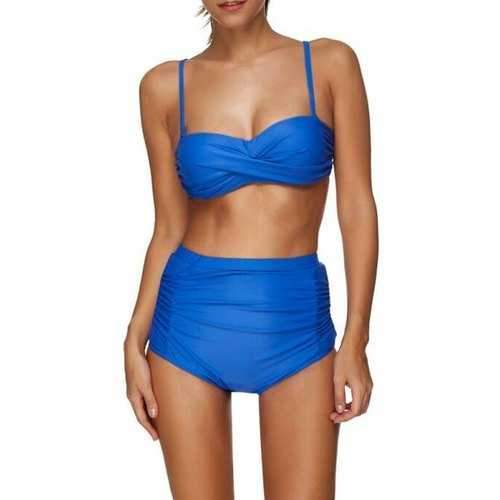 Solid Color Faux Twist Bikini Set - Blue 2xl