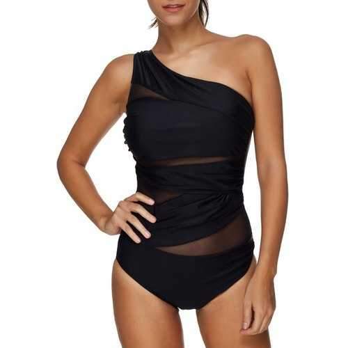 Sheer Mesh Panel One Shoulder Swimsuit - Black L