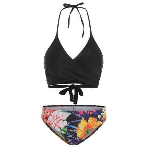 Halter Neck Floral Print Padded Bikini Set - Black 2xl