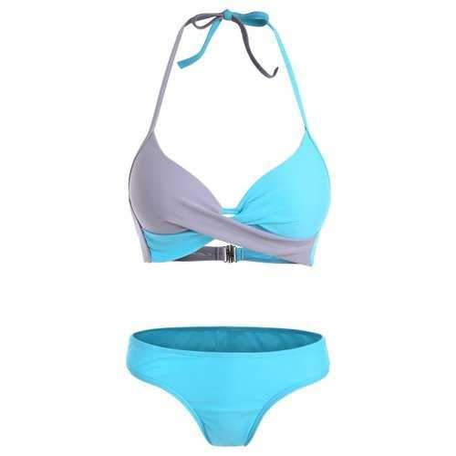 Twist Front Contrast Padded Bikini Set - Deep Sky Blue S