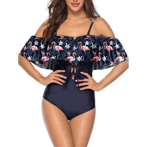 Flamingo Print Overlay Cami Swimsuit - Cadetblue L