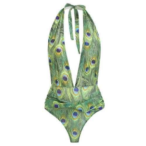 Feather Print Plunging Neck Swimsuit - M