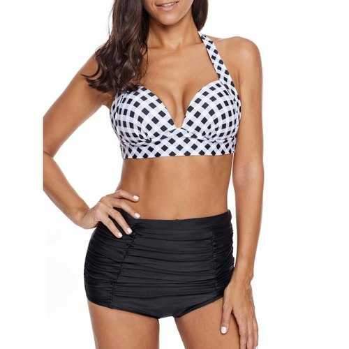 Halter Neck Gingham Print Bikini Set - Black M