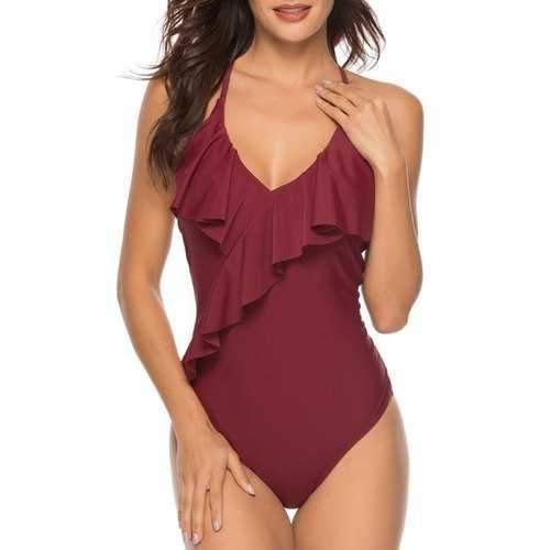 Ruffle Criss Cross Swimsuit - Red Wine M