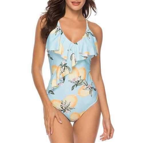 Ruffle Criss Cross Lemon Print Swimwear - 2xl