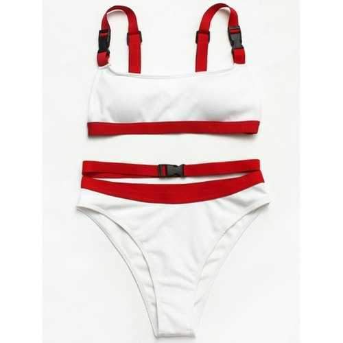 Strappy Two Tone Bikini Set - White L