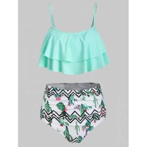 Flounce Cactus Print High Waisted Bikini Set - Aquamarine S