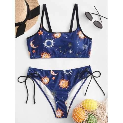 Sun Stars Moon Print Tie Side Bikini Swimsuit - M