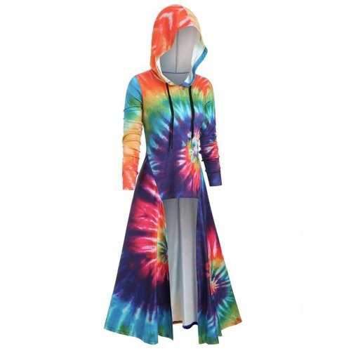 Hooded Spiral Tie Dye Print Maxi Top - Yellow S