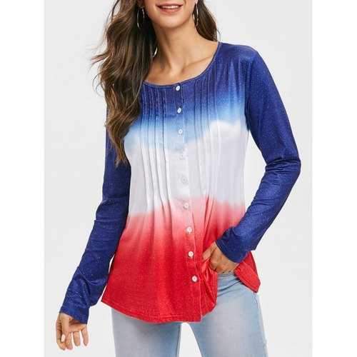 Ombre Pleated Button Up Long Sleeve Top - Deep Blue S