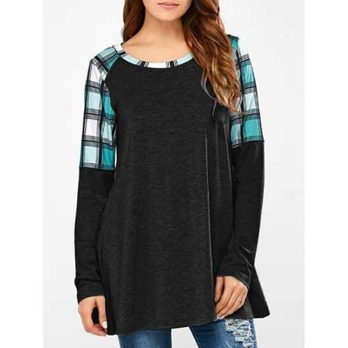 Plaid Panel Long Sleeve Tunic Top - Black S