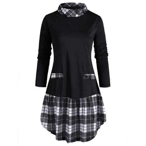 Mock Neck Plaid Long Sleeve Top - Black S